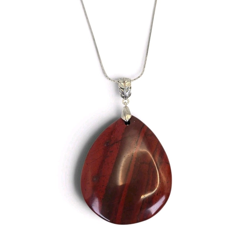 Large Red Banded Teardrop Pendant Necklace Silver Tone 20" Boho Statement - Picture 11 of 12